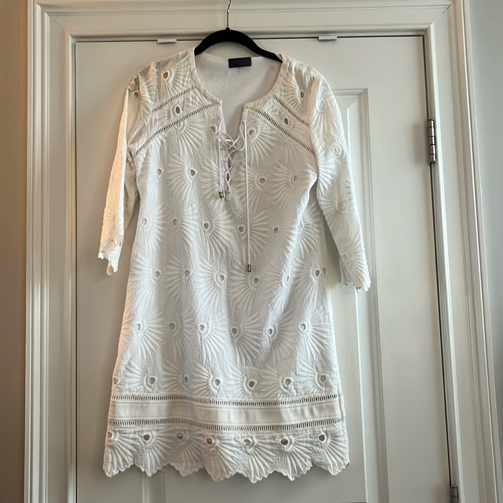 Hale Bob white eyelet dress with leather trim.